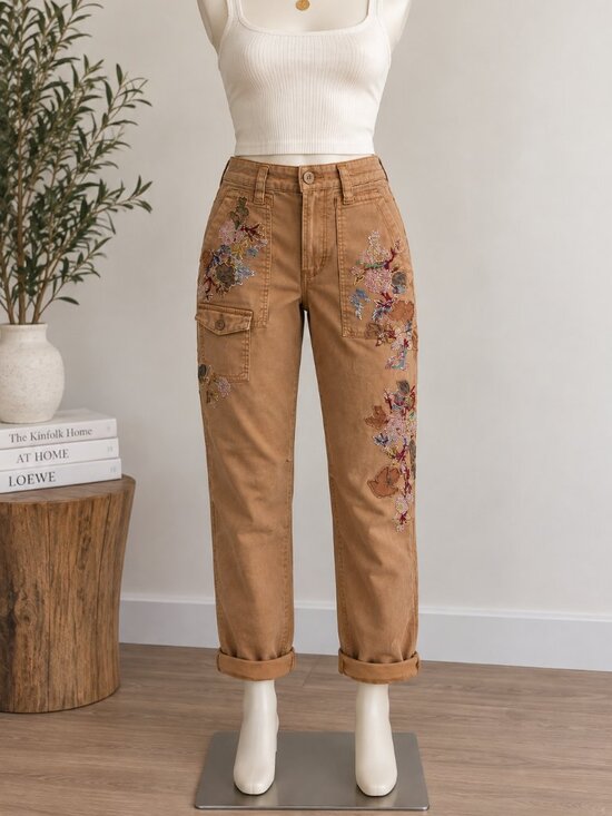 By Anthropologie Pants - Anthropologie Wanderer Embroidered Cargo Pants Size 26 Brown Floral Utility
